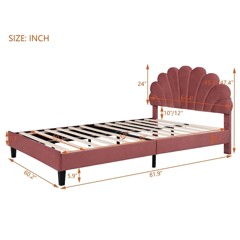 Red Velvet Upholstered Platform Bed with Flower Pattern Headboard
