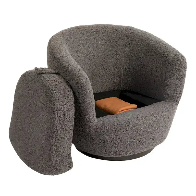 Grey 360-Degree Swivel Barrel Chair with Hidden Storage and PU Leather