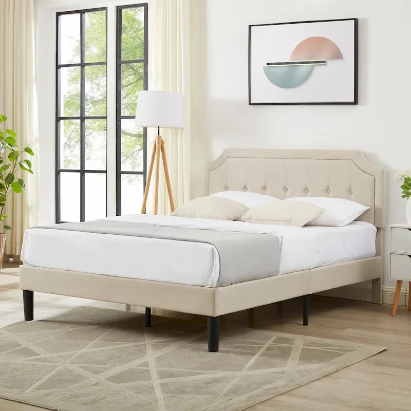 Upholstered Platform Bed Frame with Adjustable Tufted Headboard