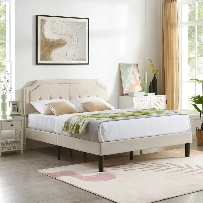 Upholstered Platform Bed Frame with Adjustable Tufted Headboard