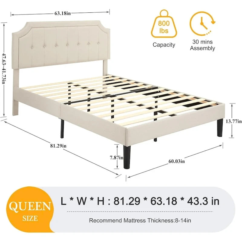 Upholstered Platform Bed Frame with Adjustable Tufted Headboard