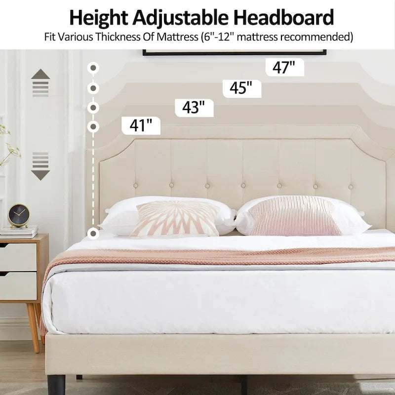 Upholstered Platform Bed Frame with Adjustable Tufted Headboard