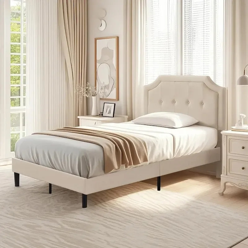 Upholstered Platform Bed Frame with Adjustable Tufted Headboard