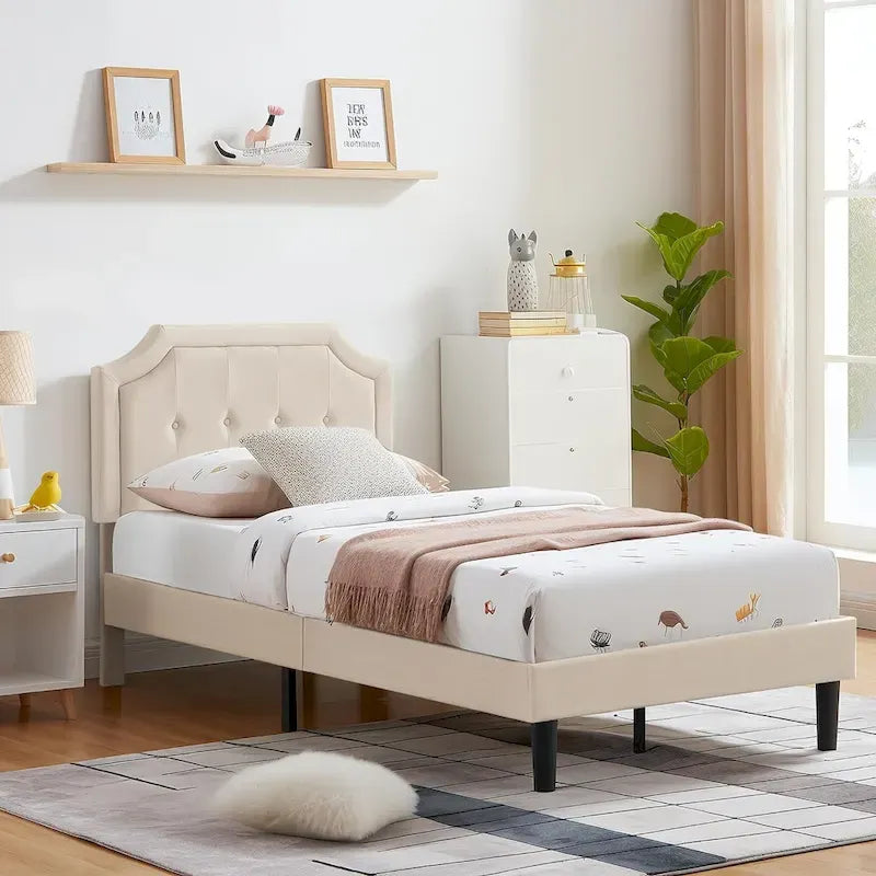 Upholstered Platform Bed Frame with Adjustable Tufted Headboard