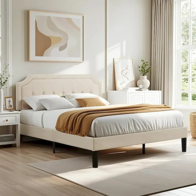 Upholstered Platform Bed Frame with Adjustable Tufted Headboard