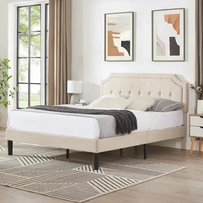 Upholstered Platform Bed Frame with Adjustable Tufted Headboard