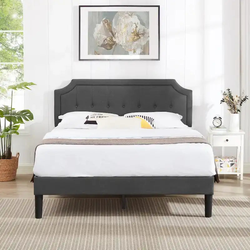 Upholstered Platform Bed Frame with Adjustable Tufted Headboard