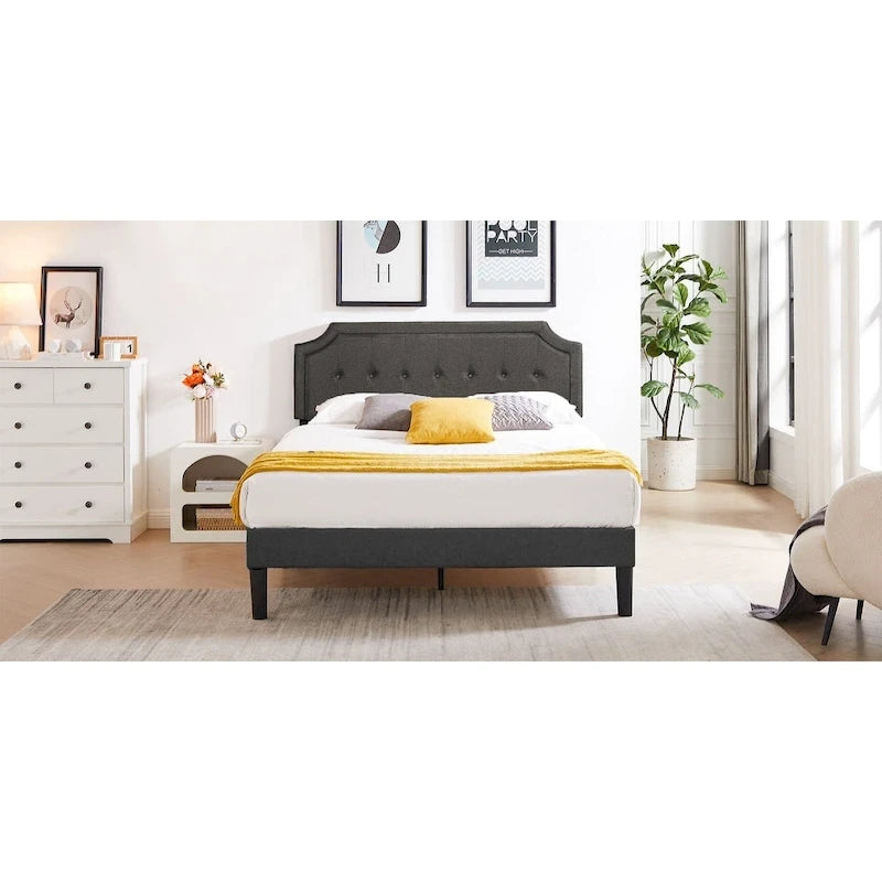 Upholstered Platform Bed Frame with Adjustable Tufted Headboard