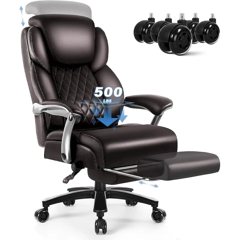 Big and Tall Office Chair 500 lb - Reclining Leather with Footrest and Lumbar Support