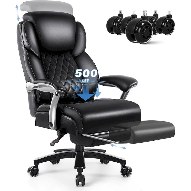 Big and Tall Office Chair 500 lb - Reclining Leather with Footrest and Lumbar Support