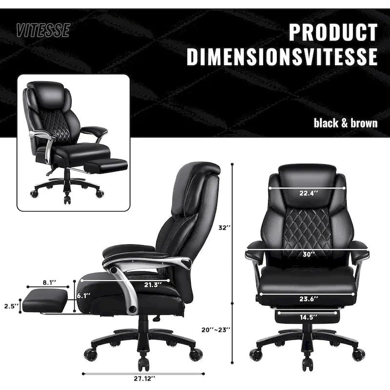 Big and Tall Office Chair 500 lb - Reclining Leather with Footrest and Lumbar Support