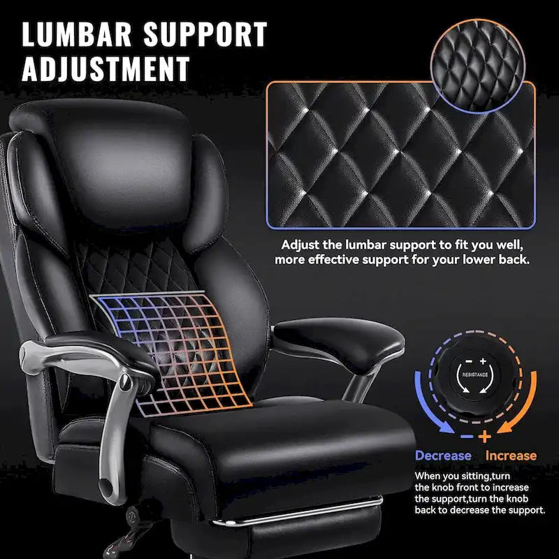 Big and Tall Office Chair 500 lb - Reclining Leather with Footrest and Lumbar Support