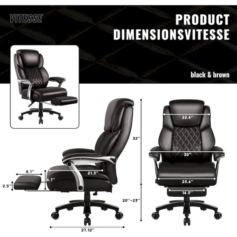 Big and Tall Office Chair 500 lb - Reclining Leather with Footrest and Lumbar Support