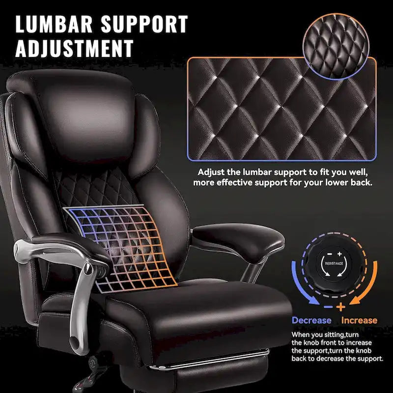 Big and Tall Office Chair 500 lb - Reclining Leather with Footrest and Lumbar Support
