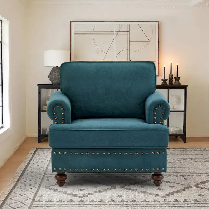 Modern Sofa Chair with Nailhead Trim - Green Chenille