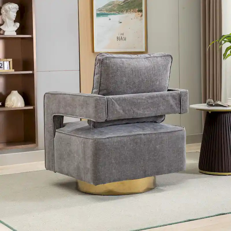 Modern Upholstered 360 Swivel Open-Back Barrel Chair with Pillow