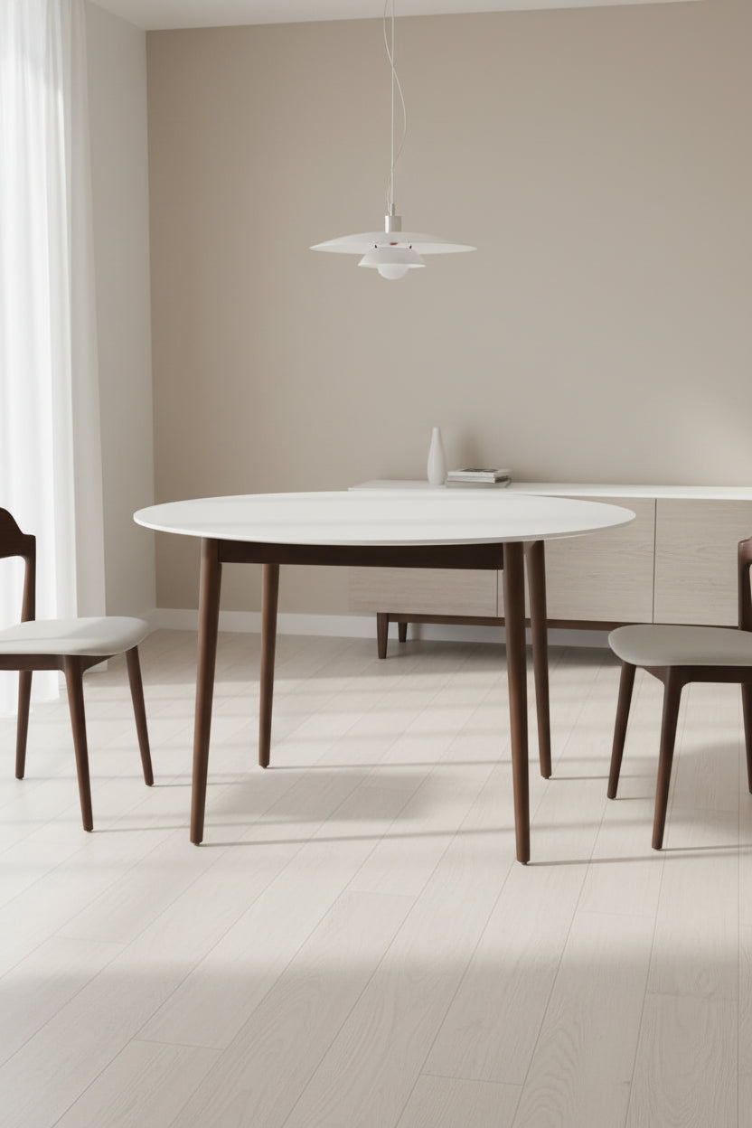 47-Inch Round Dining Table with White Top and Brown Base