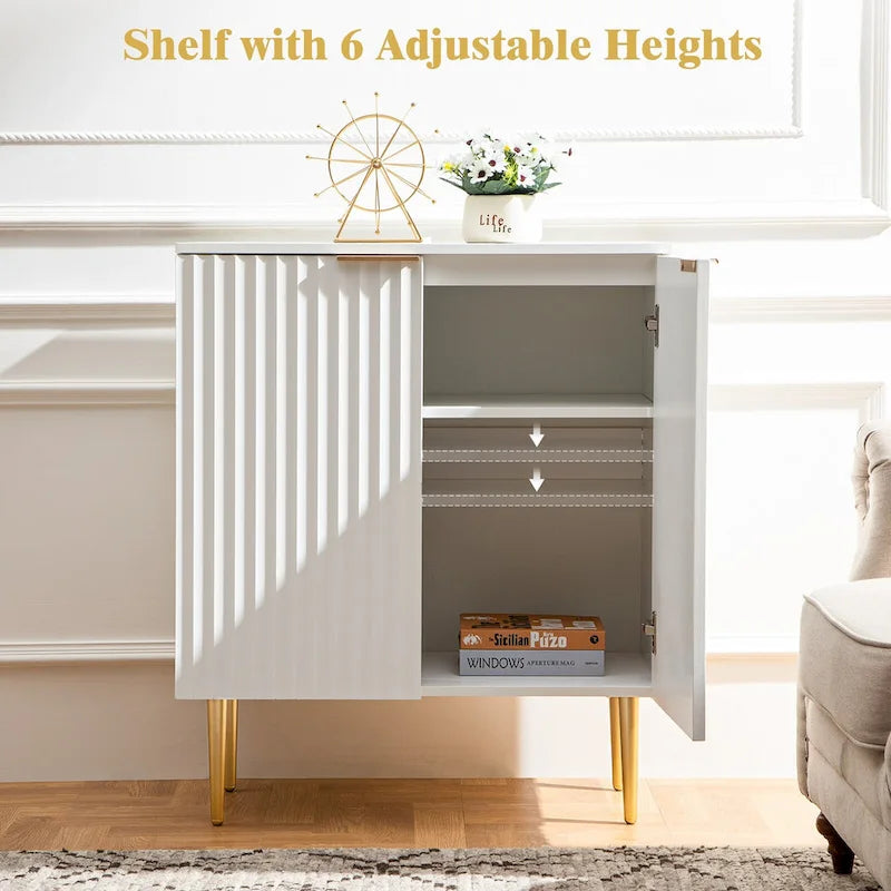 White Sideboard Buffet Cabinet with Gold Tapered Legs and Adjustable Shelves