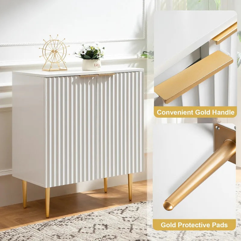 White Sideboard Buffet Cabinet with Gold Tapered Legs and Adjustable Shelves