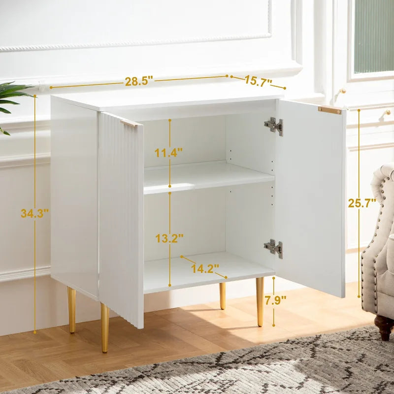 White Sideboard Buffet Cabinet with Gold Tapered Legs and Adjustable Shelves