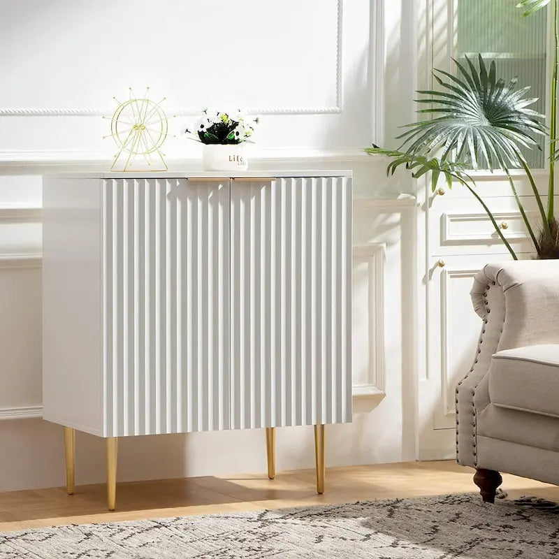 White Sideboard Buffet Cabinet with Gold Tapered Legs and Adjustable Shelves