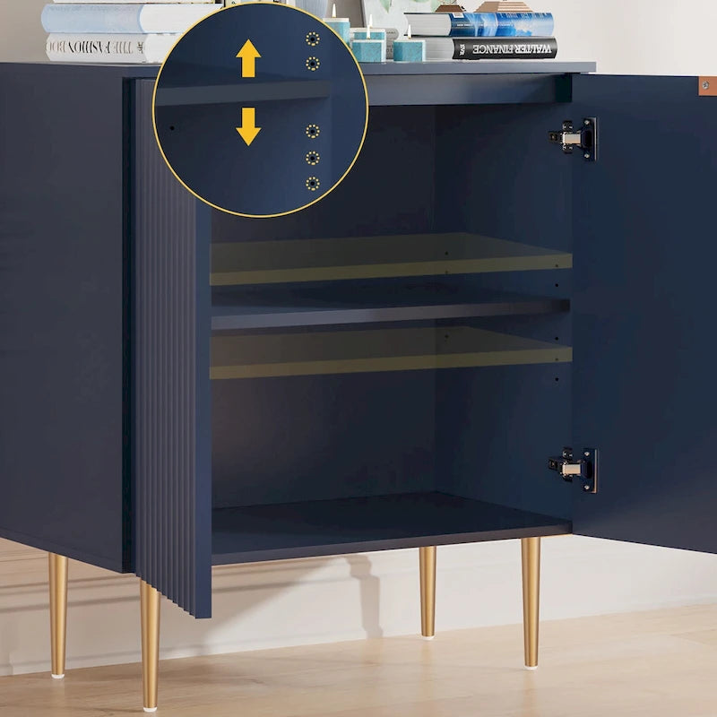 White Sideboard Buffet Cabinet with Gold Tapered Legs and Adjustable Shelves