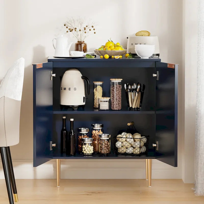 White Sideboard Buffet Cabinet with Gold Tapered Legs and Adjustable Shelves