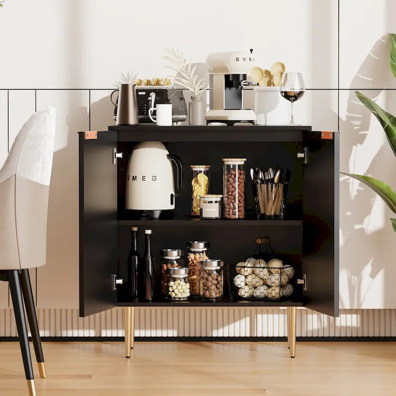 White Sideboard Buffet Cabinet with Gold Tapered Legs and Adjustable Shelves