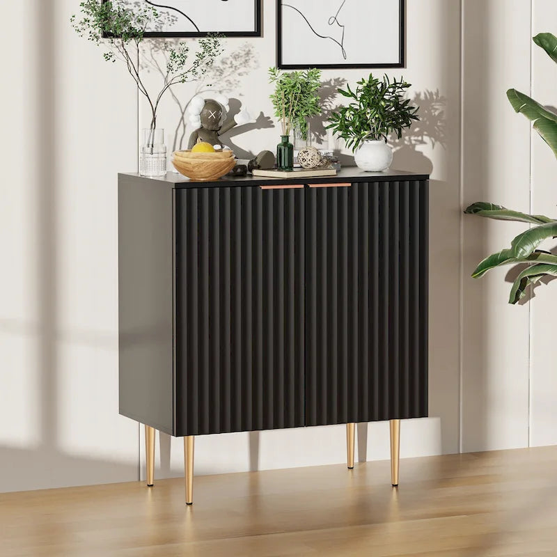 White Sideboard Buffet Cabinet with Gold Tapered Legs and Adjustable Shelves