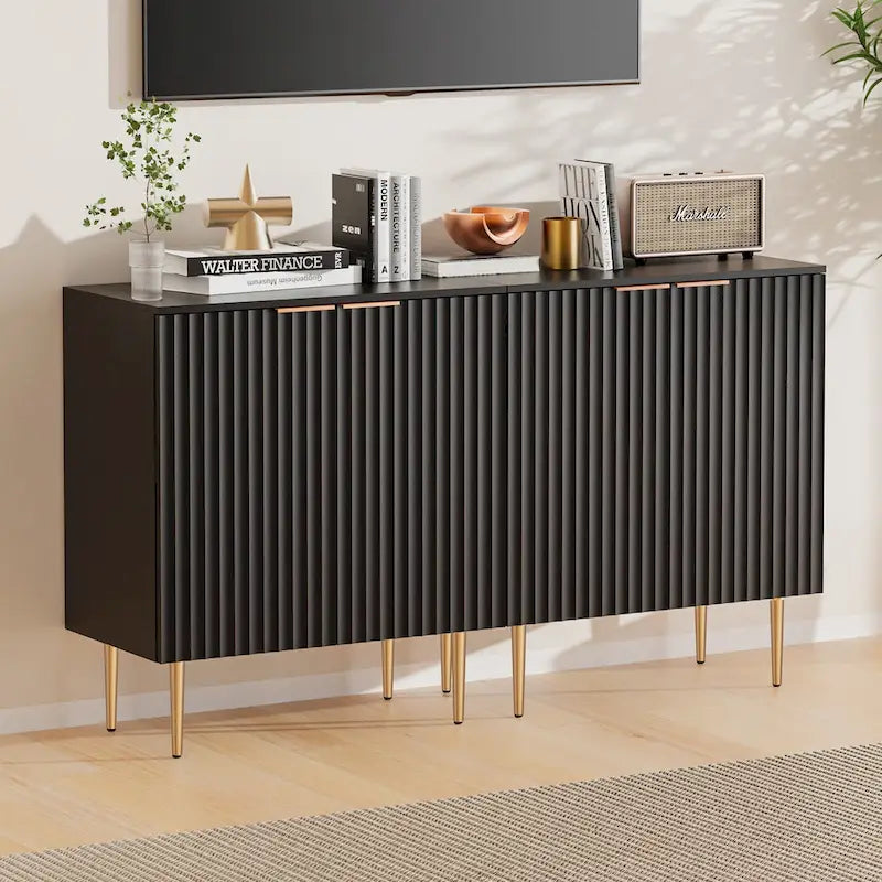 White Sideboard Buffet Cabinet with Gold Tapered Legs and Adjustable Shelves