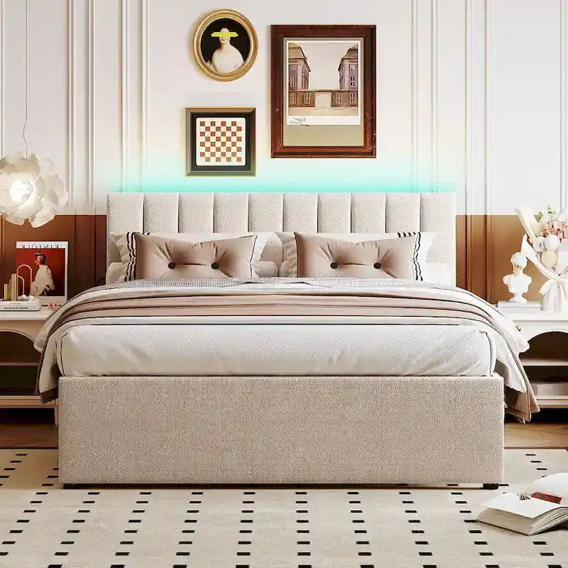 Upholstered Platform Bed with Trundle and LED Lights