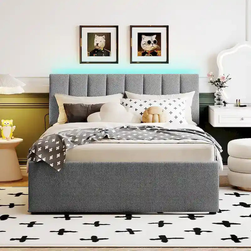 Upholstered Platform Bed with Trundle and LED Lights