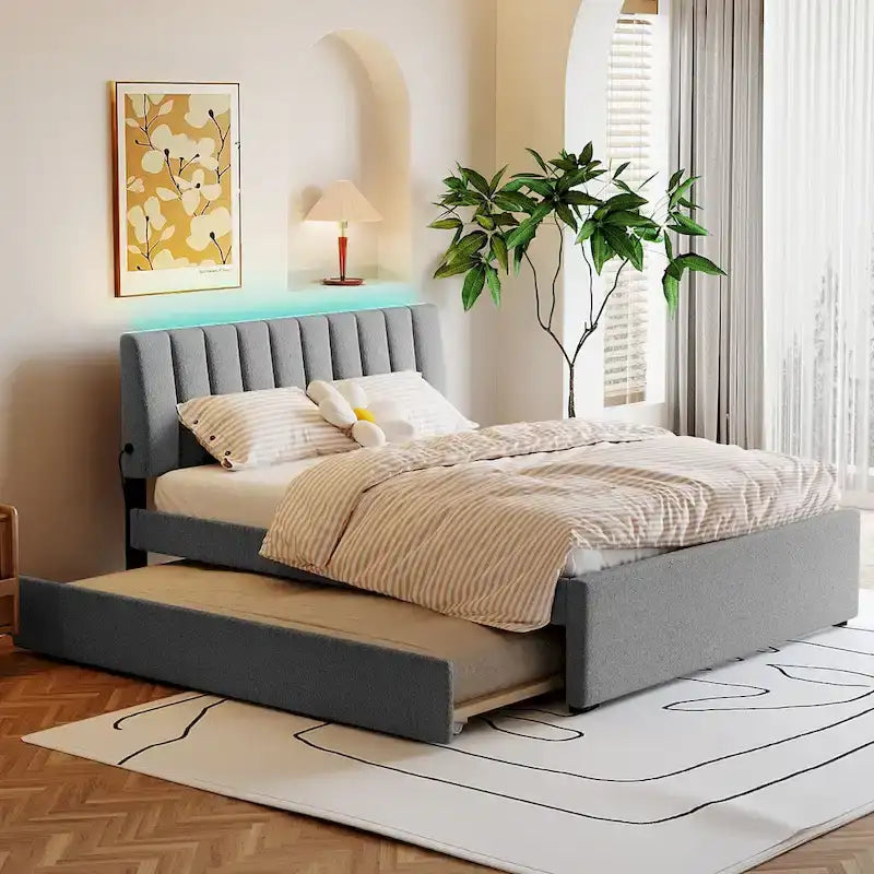 Upholstered Platform Bed with Trundle and LED Lights