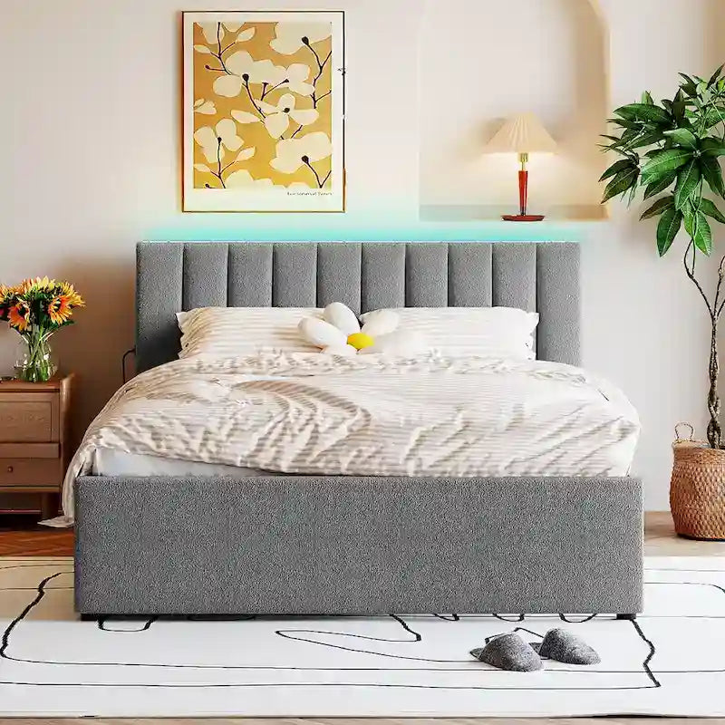 Upholstered Platform Bed with Trundle and LED Lights