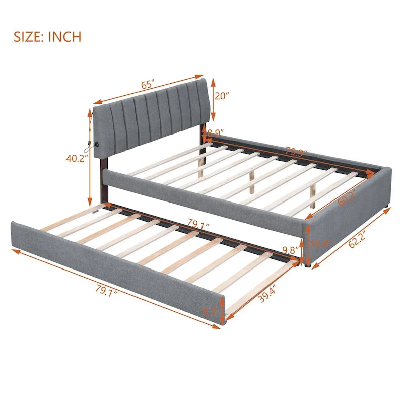 Upholstered Platform Bed with Trundle and LED Lights