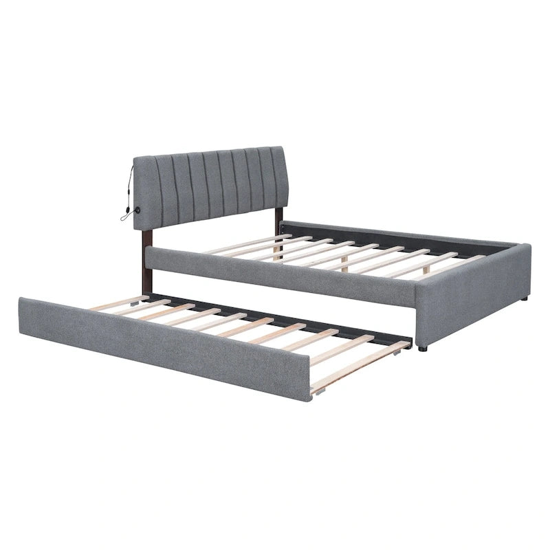 Upholstered Platform Bed with Trundle and LED Lights