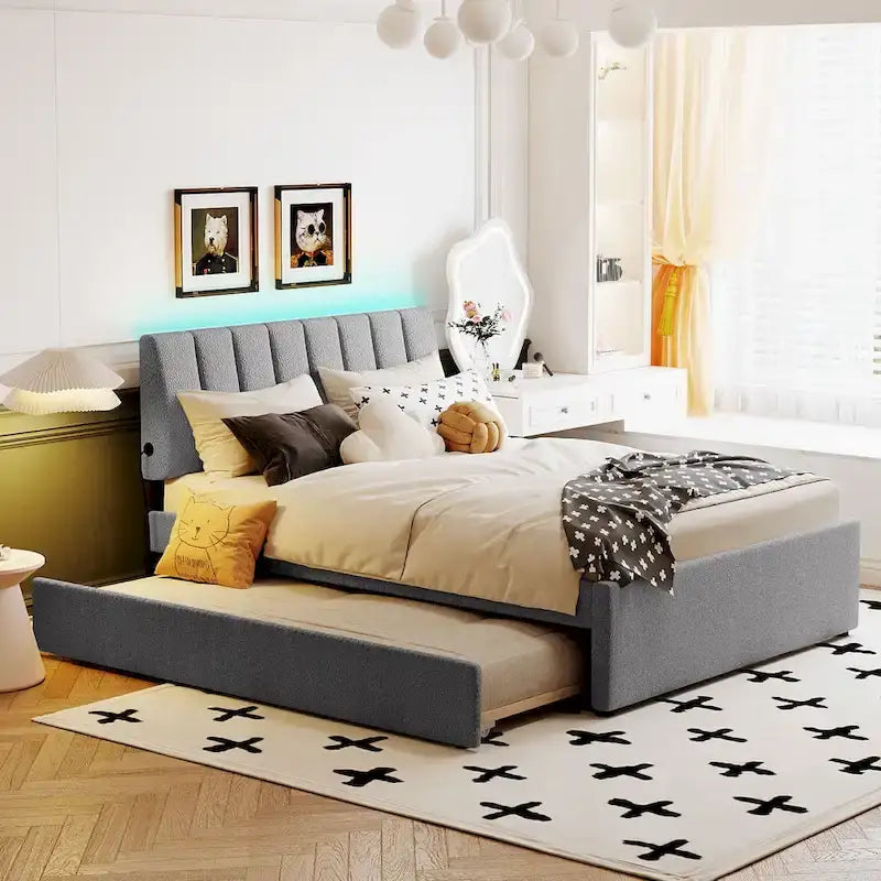 Upholstered Platform Bed with Trundle and LED Lights