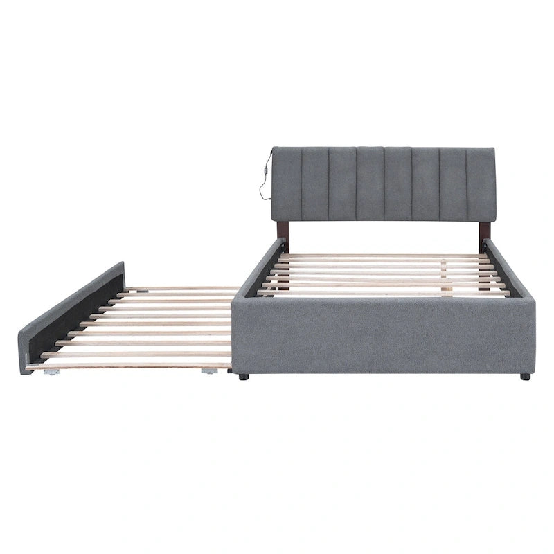 Upholstered Platform Bed with Trundle and LED Lights