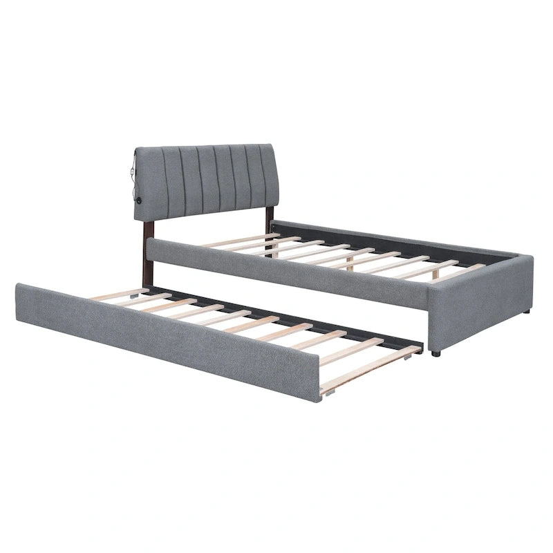 Upholstered Platform Bed with Trundle and LED Lights