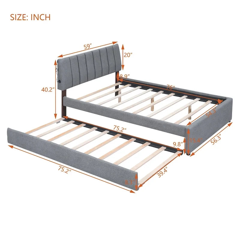 Upholstered Platform Bed with Trundle and LED Lights