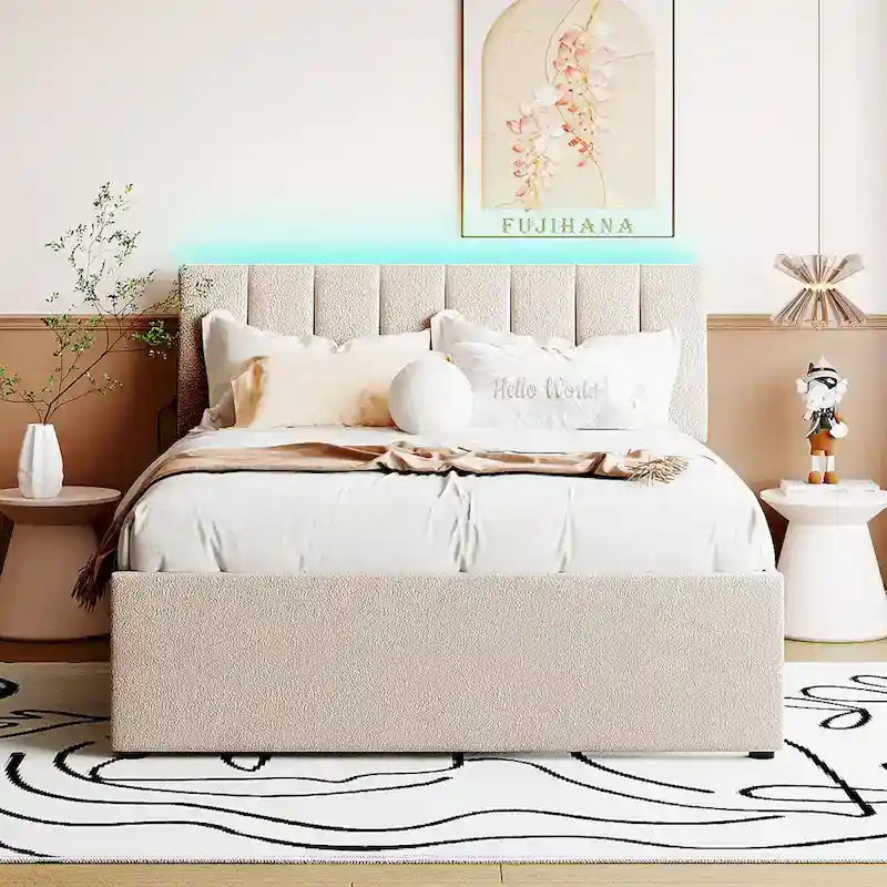Upholstered Platform Bed with Trundle and LED Lights