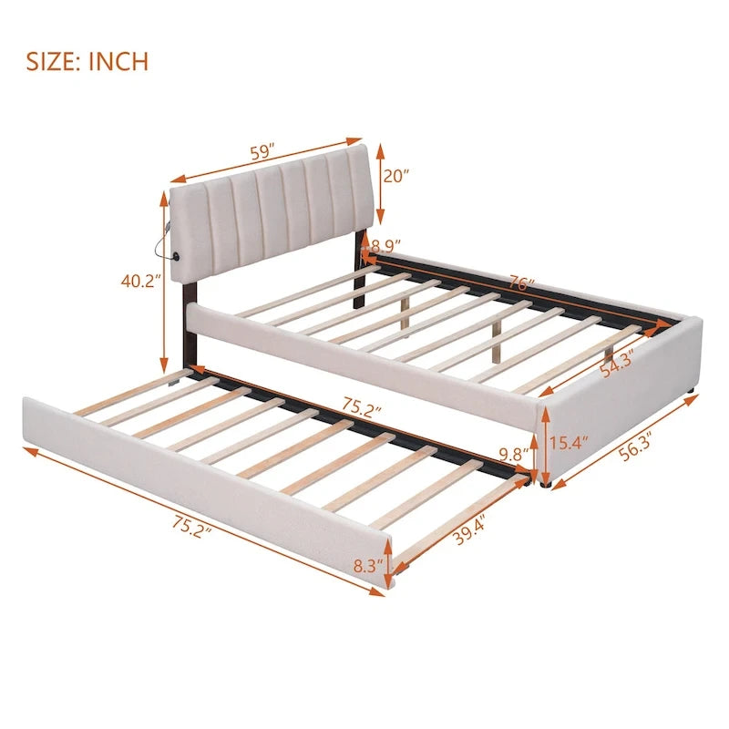 Upholstered Platform Bed with Trundle and LED Lights