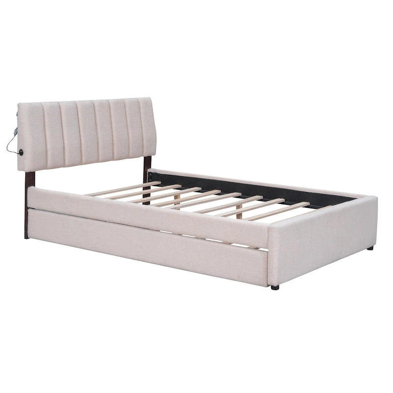 Upholstered Platform Bed with Trundle and LED Lights