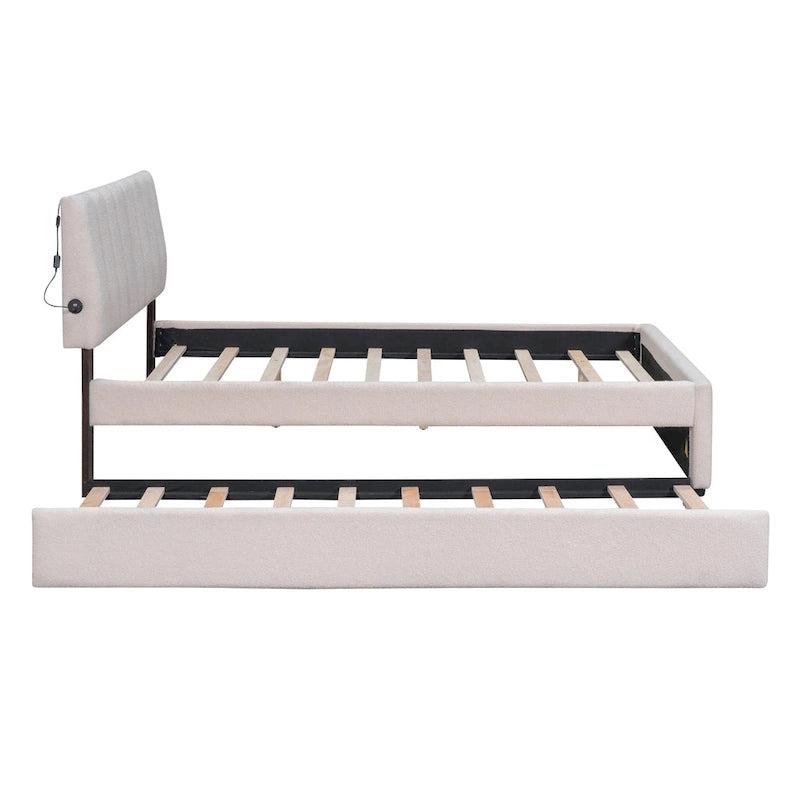 Upholstered Platform Bed with Trundle and LED Lights