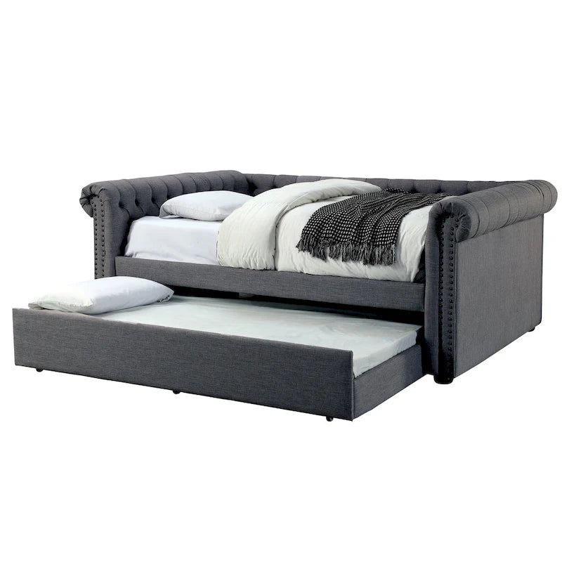 Contemporary Daybed with Twin Trundle - Button Tufted Linen Upholstery
