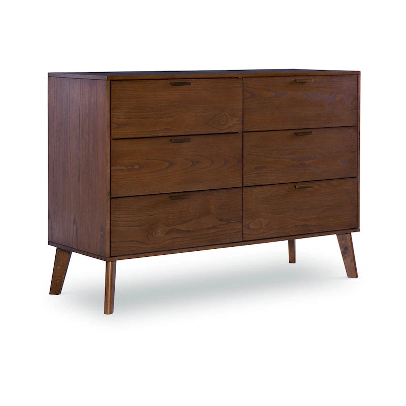 Mid-Century 6-Drawer Dresser in Natural and Walnut Wood Tones
