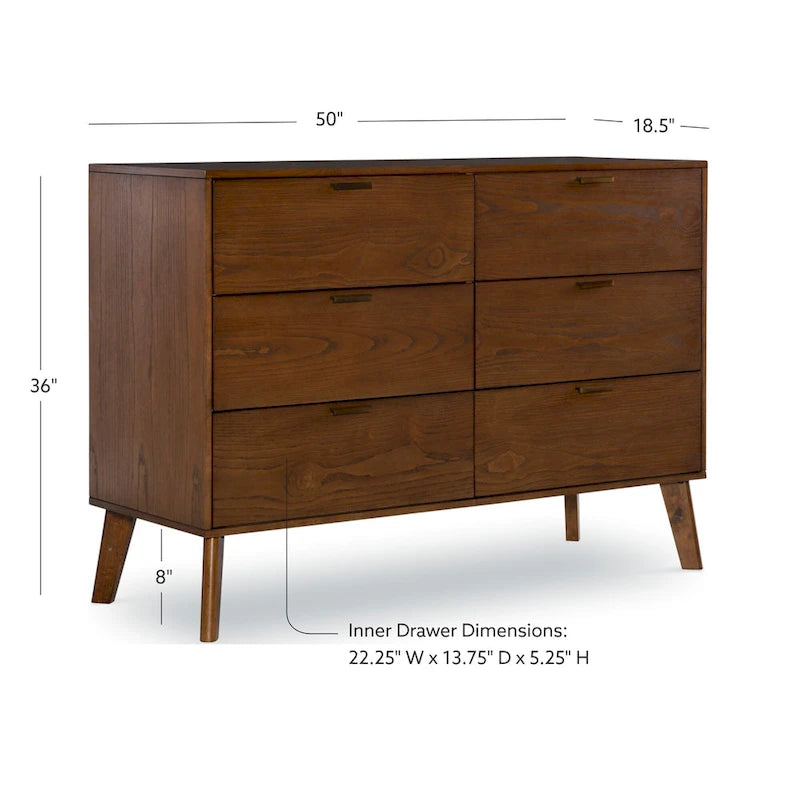 Mid-Century 6-Drawer Dresser in Natural and Walnut Wood Tones