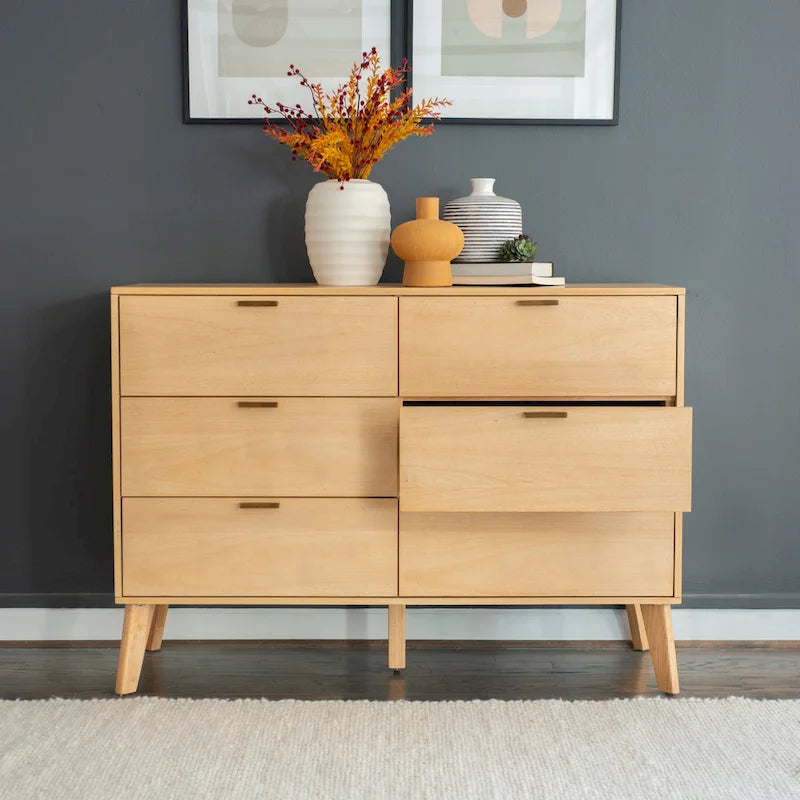 Mid-Century 6-Drawer Dresser in Natural and Walnut Wood Tones