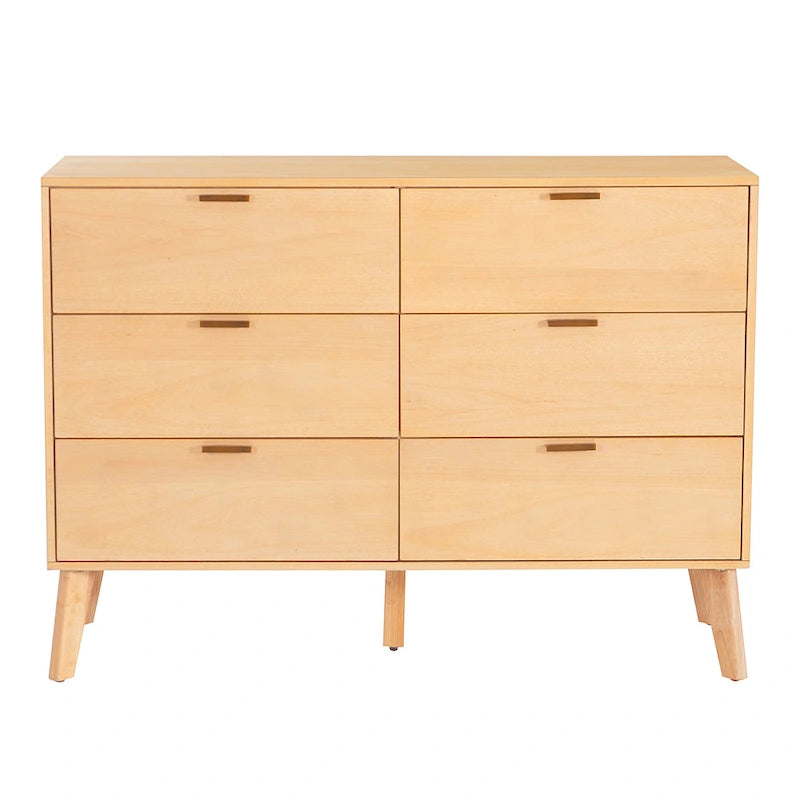 Mid-Century 6-Drawer Dresser in Natural and Walnut Wood Tones