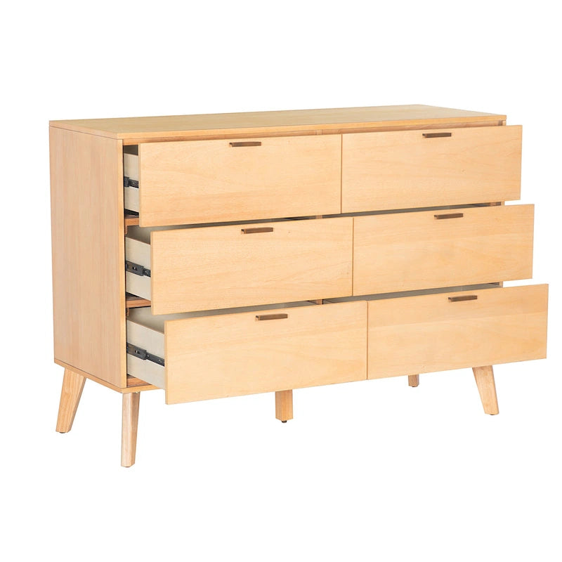 Mid-Century 6-Drawer Dresser in Natural and Walnut Wood Tones